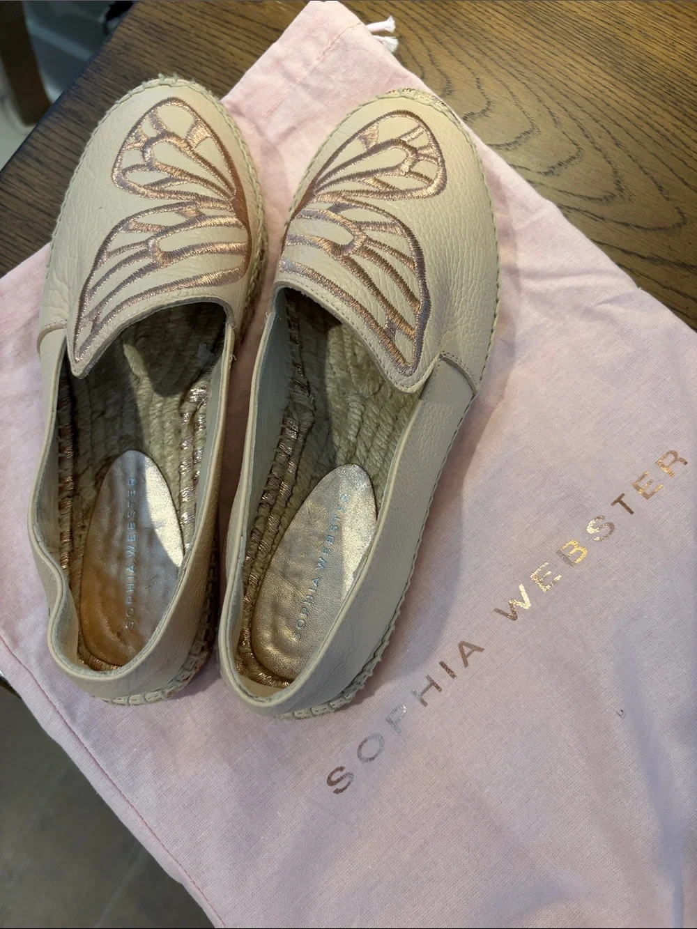 Sophia Webster Cream Espadrille Flats with Metallic Pink Butterfly